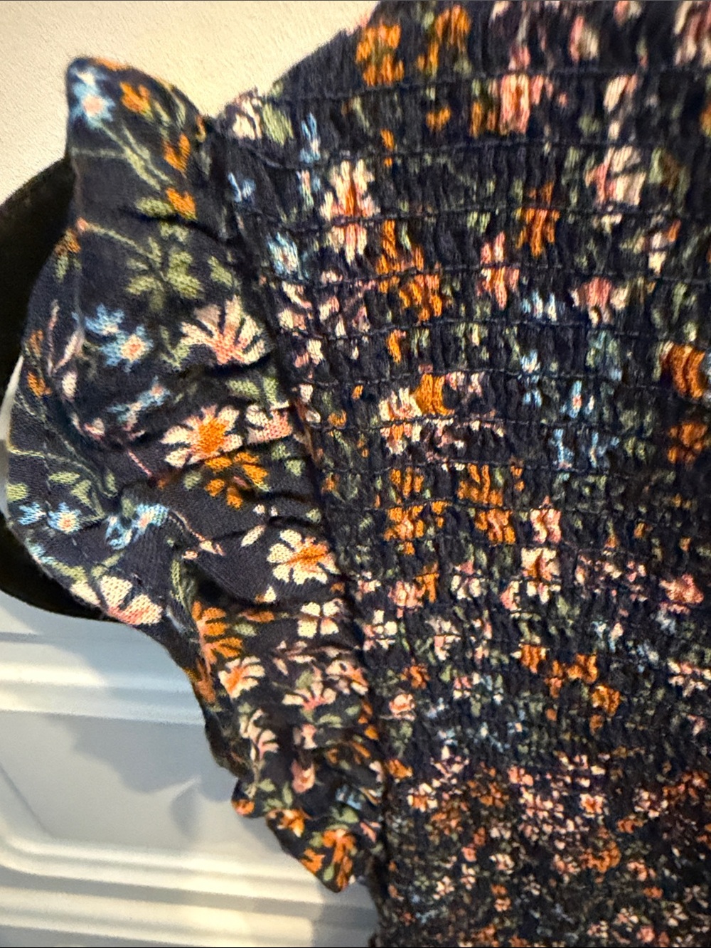 Floral Navy Blue Midi Dress with Ruffled Sleeves - Picture 5 of 7